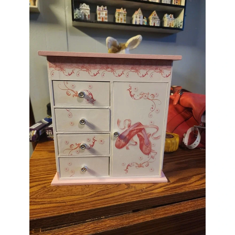 Mele Musical Ballerina Table Top Jewelry Box, Pink & White Armoire Style, Mirror